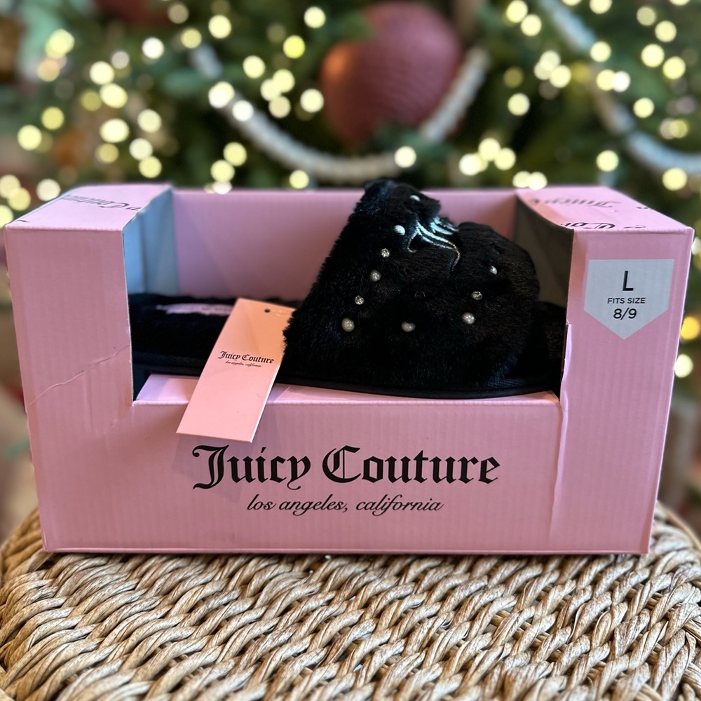 Juicy couture slippers house shoes black fuzzy bling gift box